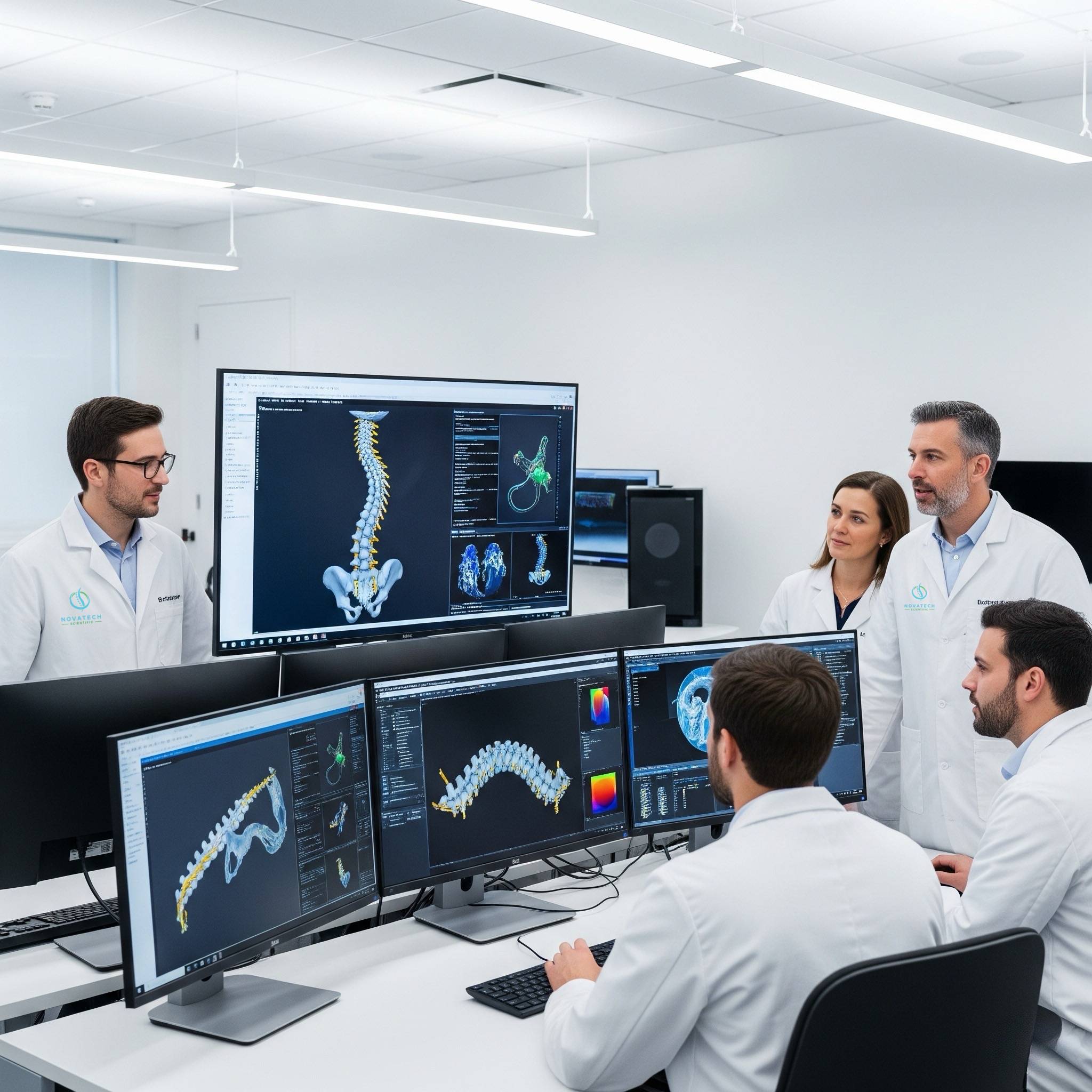 NovaTech Scientific engineering team reviewing 3D spinal imaging and medical device designs in Boca Raton, Florida