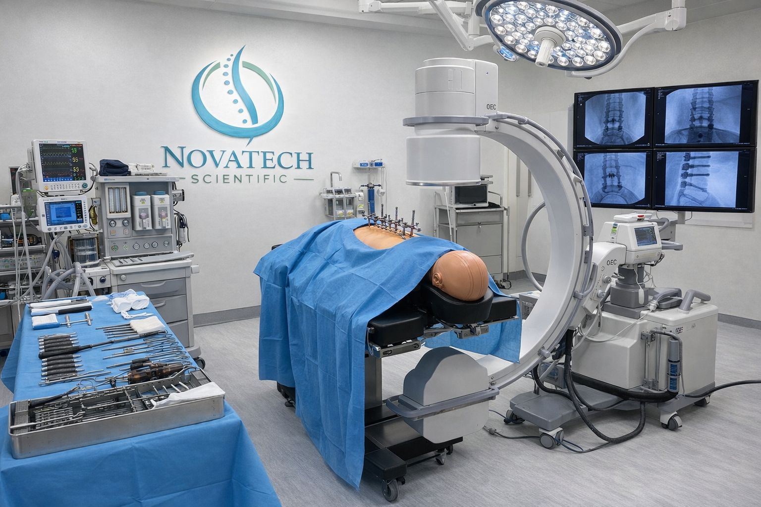 NovaTech Scientific operating room simulator with C-arm fluoroscopy, surgical table, and spine imaging monitors in Boca Raton, FL
